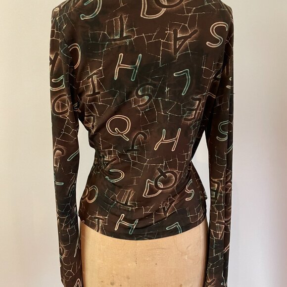 2000s y2k Steps Brand Deep V Wrap Alphabet Print Slinky Knit Bell Sleeve Large - Picture 5 of 16